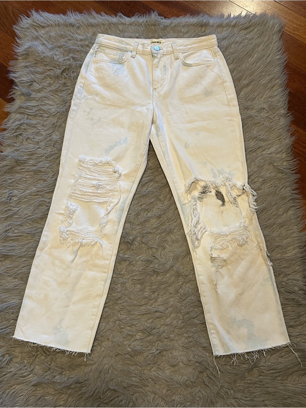 L’ Agence White And Blue Tye Dye Distressed Raw-Hem Straight Jeans